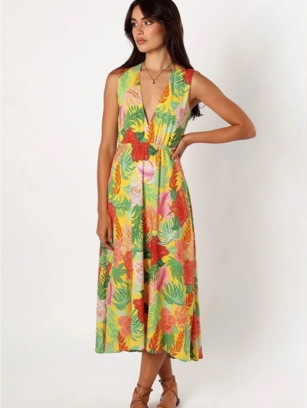Petal & Pup Floral Open Back Linen Blend Midi Dress, Size S